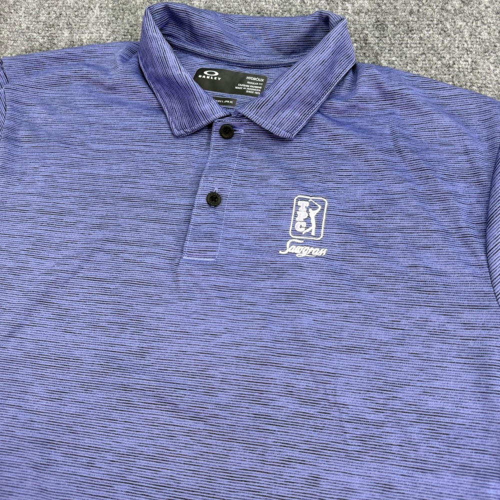 Oakley‎ Polo Shirt Mens Large Purple Stripe Hydrolix Reg Fit TPC Sawgrass Golf